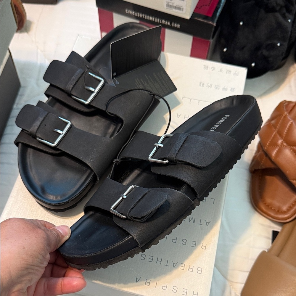 Forever 21 Black Double-Buckle Slide Sandals